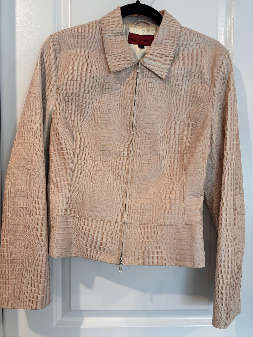 Nicola Bertini Blush Croc-Embossed Leather Zip Jacket